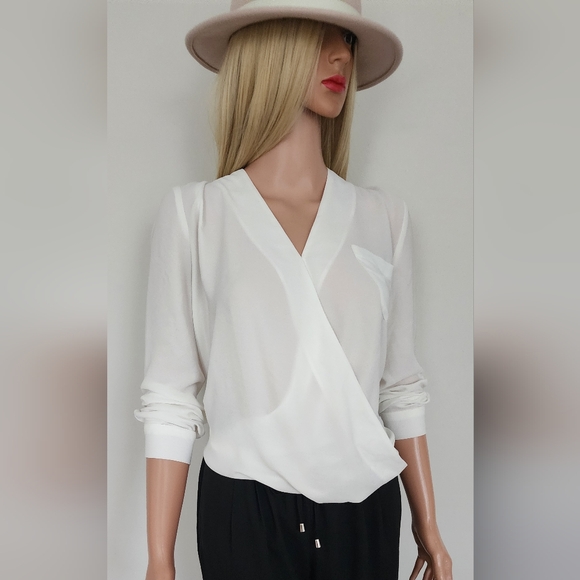 TOPSHOP BLOUSE CHIFFON SEMI SHEER FAUX WRAP LONG SLEEVE SHIRT US.2 - Picture 9 of 9